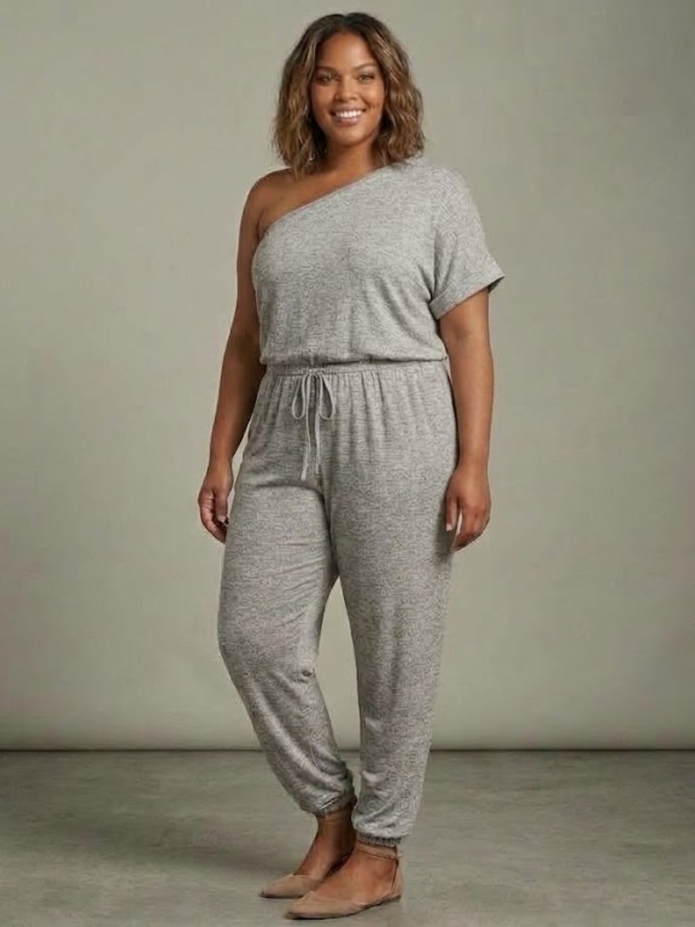 HEIMISH USA One-Shoulder Heather Gray Jumpsuit with Drawstring Waist